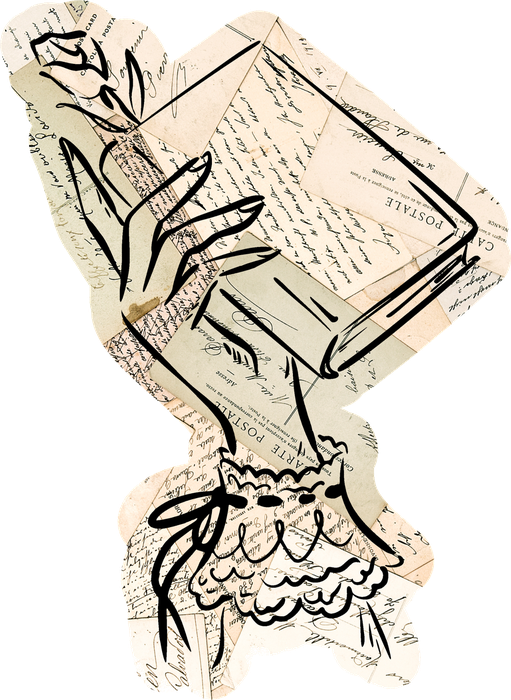 Hand-drawn illustration of a lace-cuffed hand holding a book and a rose