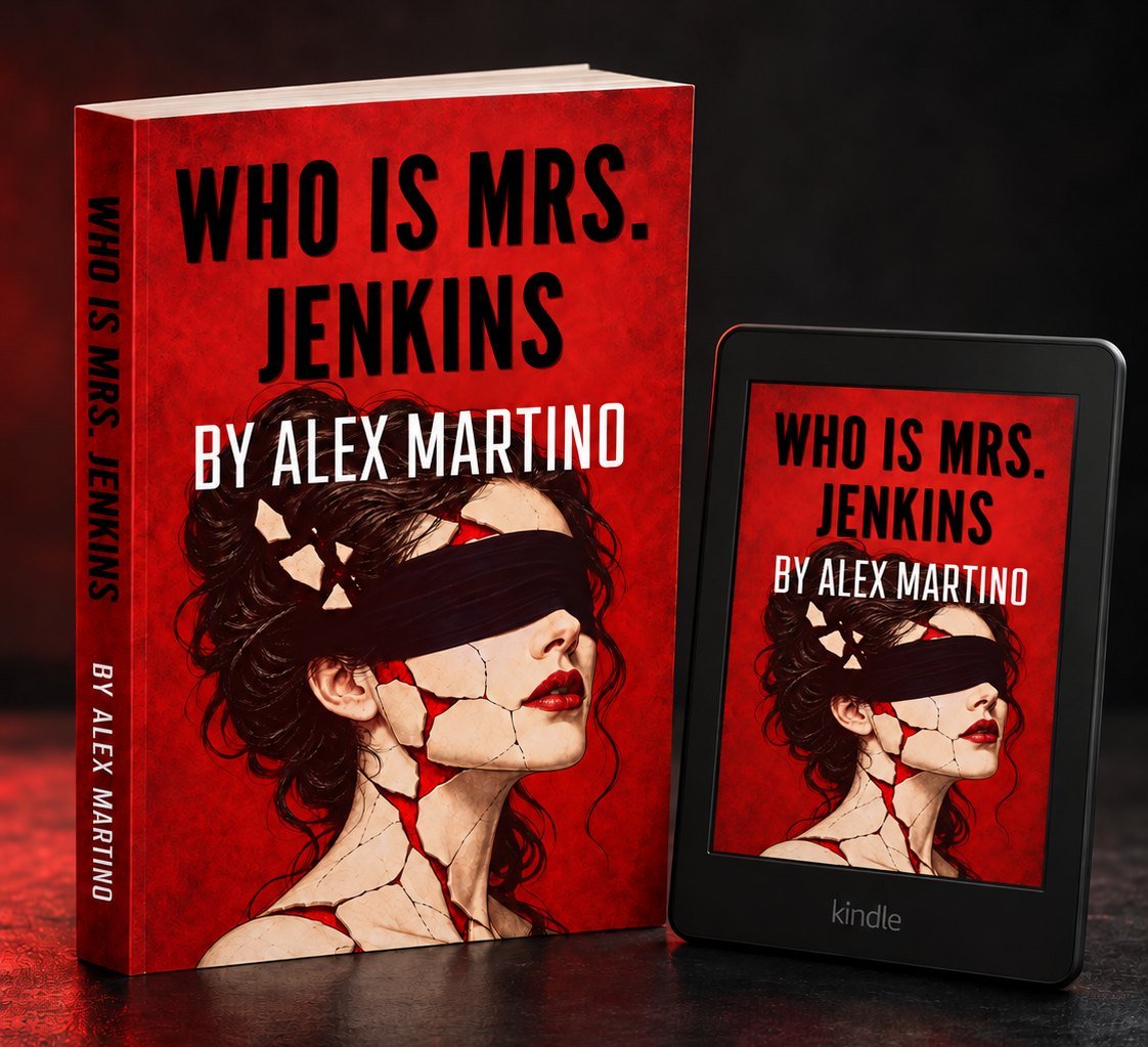 Who Is Mrs. Jenkins? by Alex Martino: red cover with a blindfolded woman, in paperback and on Kindle